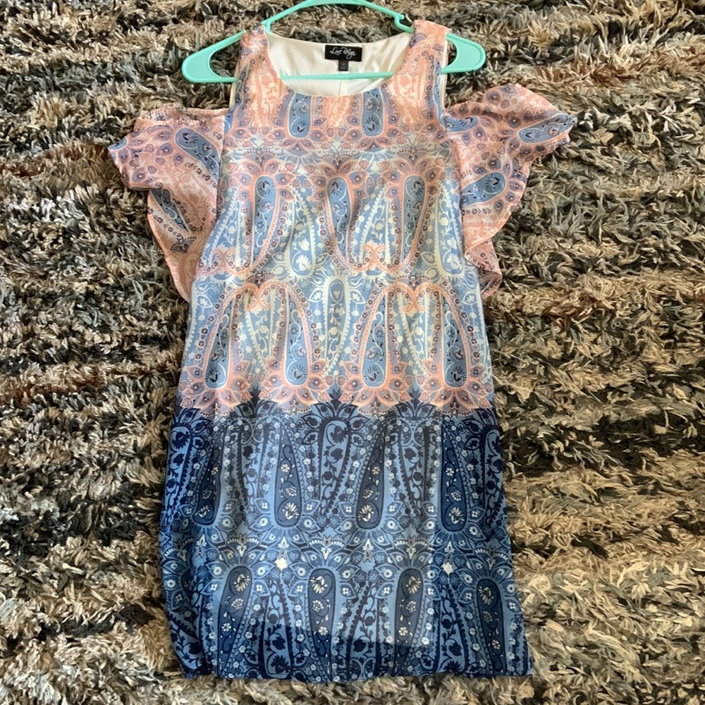 Size medium cold shoulder dress with a pink, blue and white paisley print!